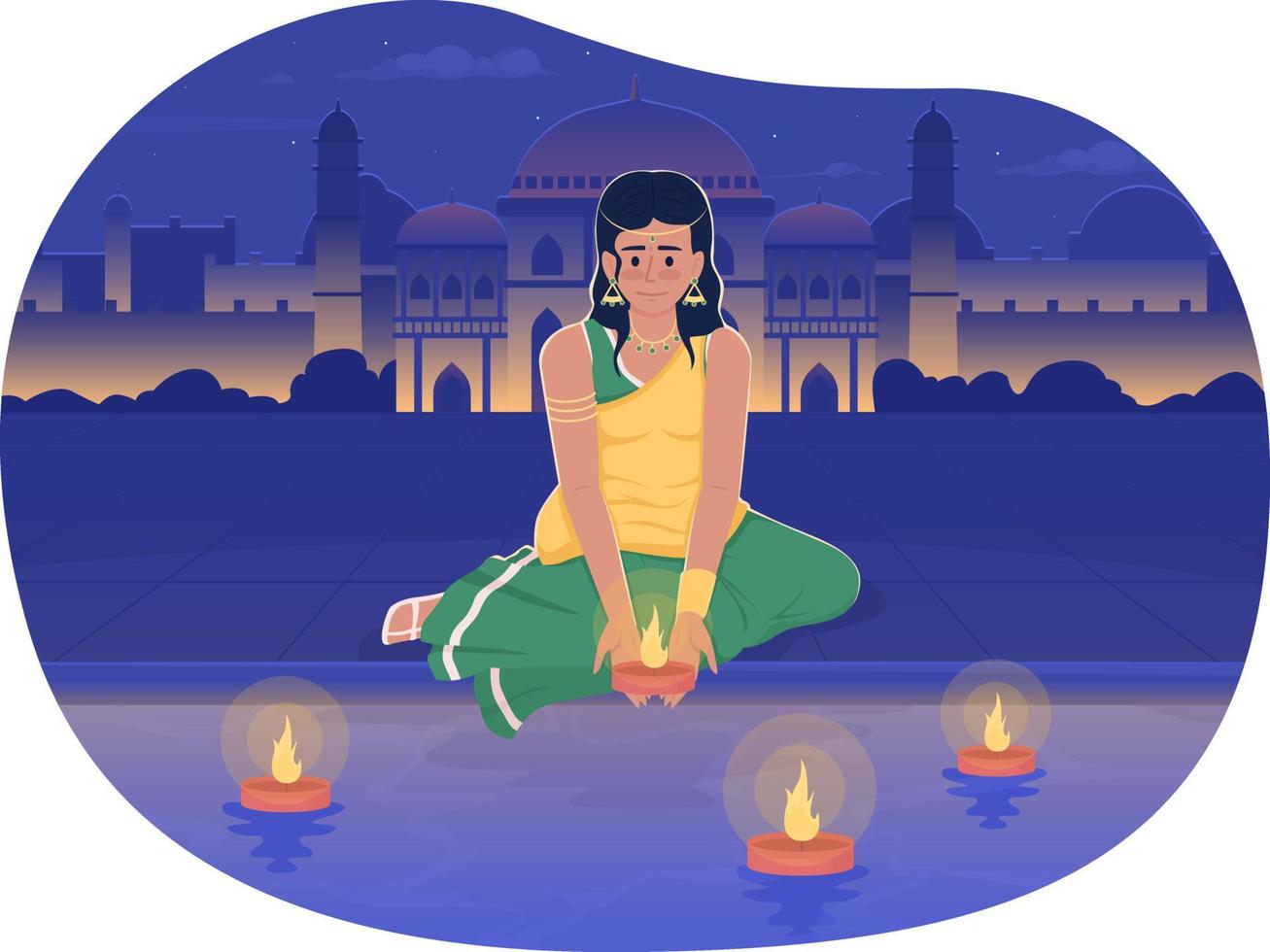 fille de diwali mettant à la dérive diya sur l'illustration isolée de vecteur 2d de la rivière. coutume deepavali. beau personnage plat sur fond de dessin animé. scène modifiable colorée pour mobile, site Web, présentation