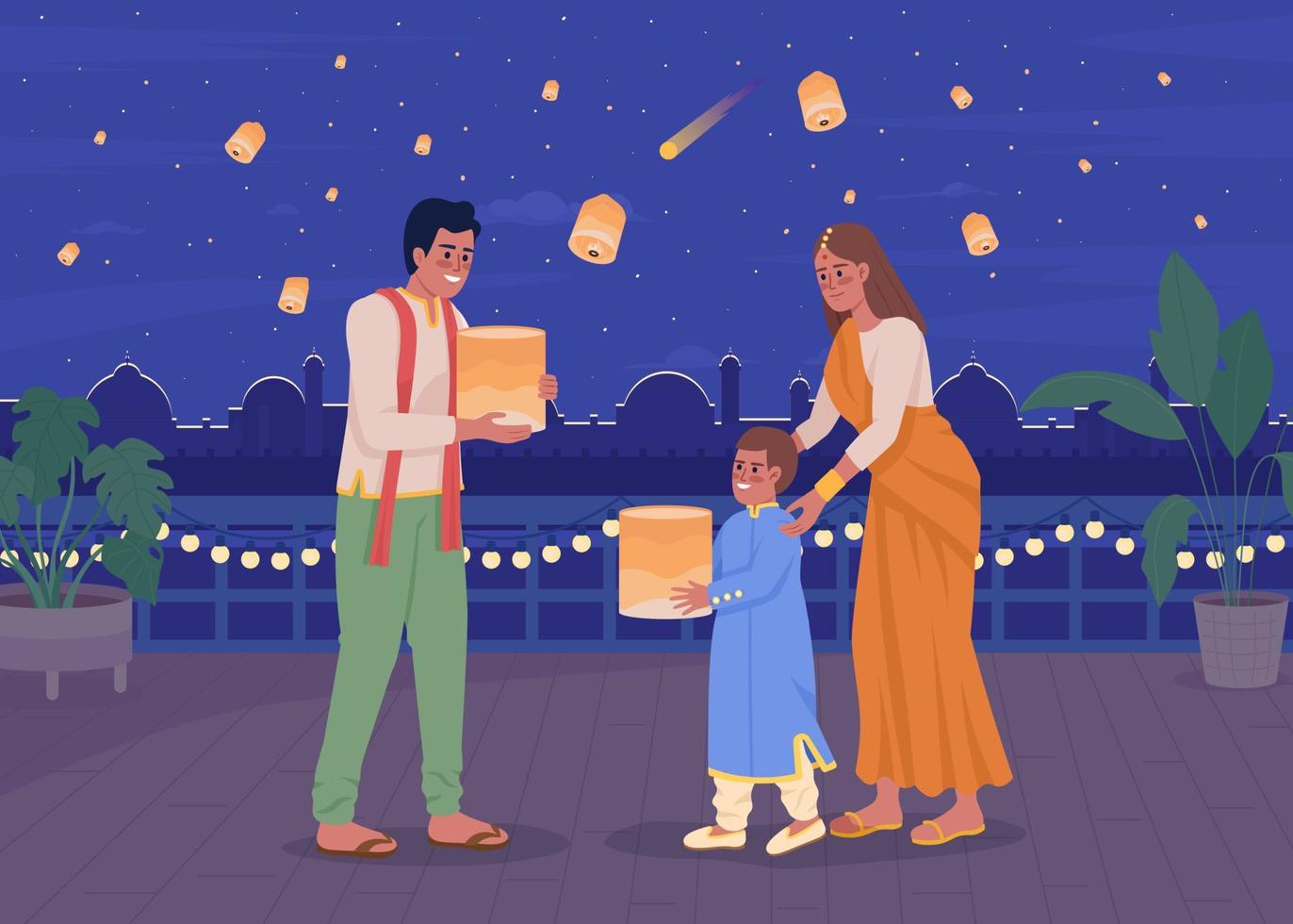 famille lançant des lanternes célestes sur l'illustration vectorielle de couleur plate diwali. symbole festif indien. tradition spirituelle. personnages de dessins animés simples 2d entièrement modifiables avec une ville lumineuse en arrière-plan vecteur
