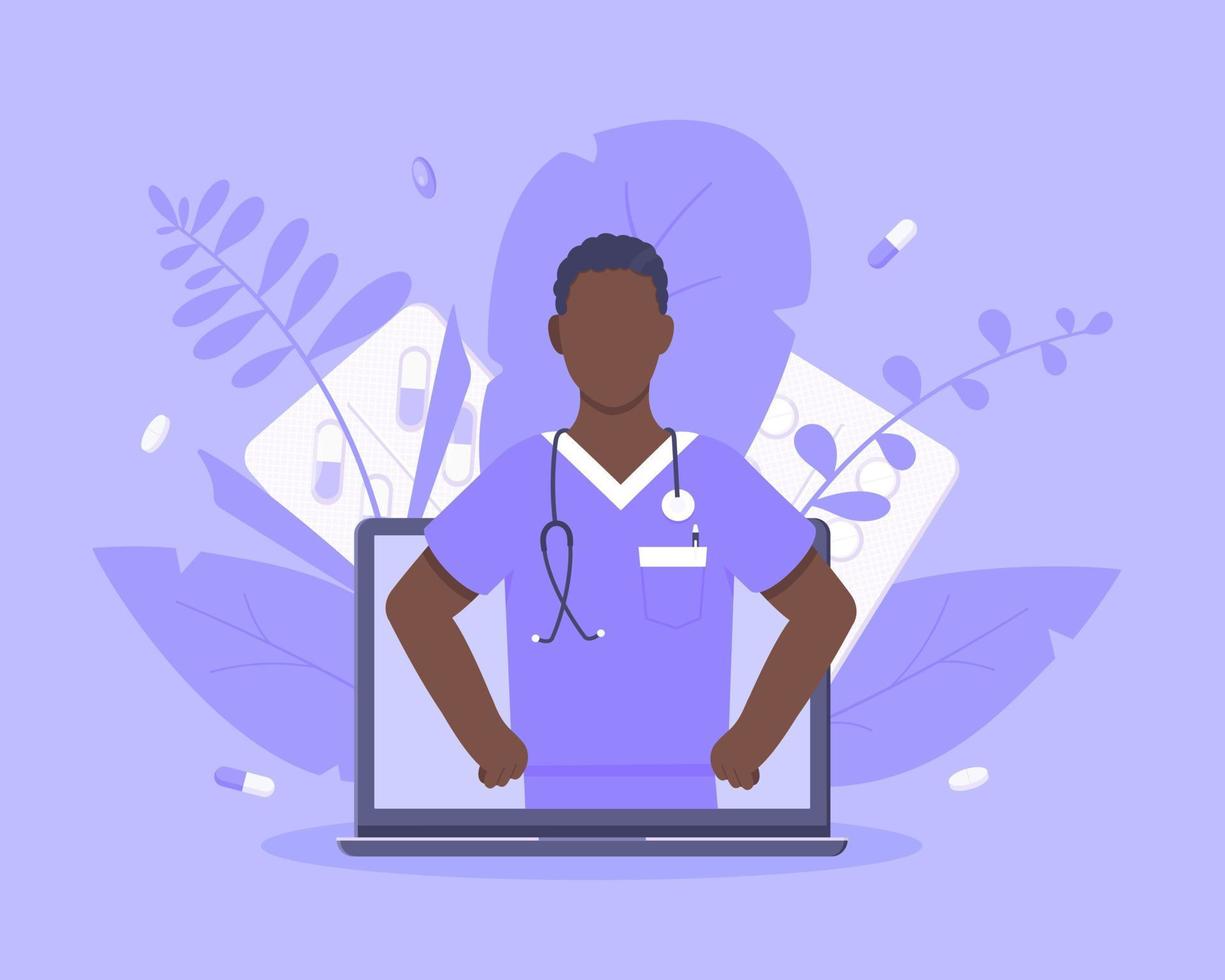 concept de service médical de médecin en ligne avec médecin dans l'illustration vectorielle de l'ordinateur portable. vecteur
