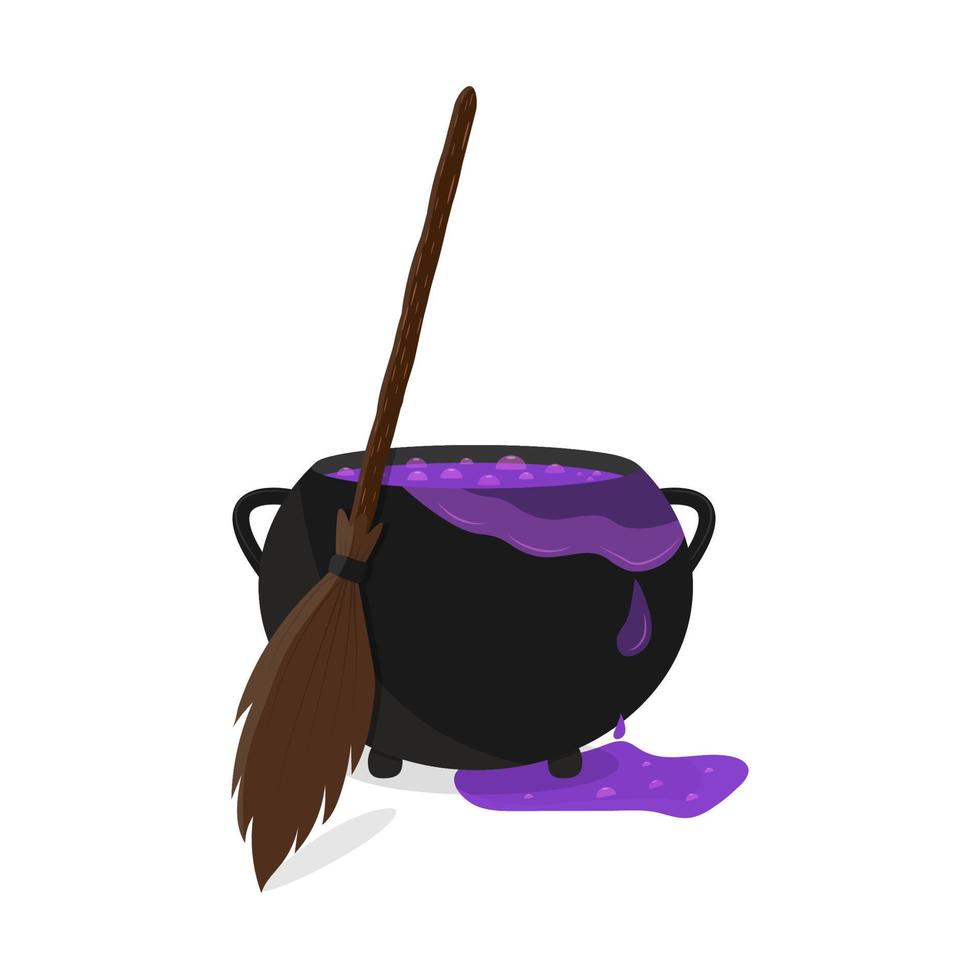 chaudron avec potion violette et illustration de balai de sorcière vecteur