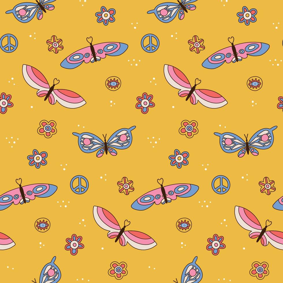 modèle sans couture avec marguerites rétro, papillons et signe de paix. éléments floraux minimalistes simples d'été. Plantes fleuries de style années 70. marguerite de printemps jaune coloré background.vector illustration linéaire vecteur