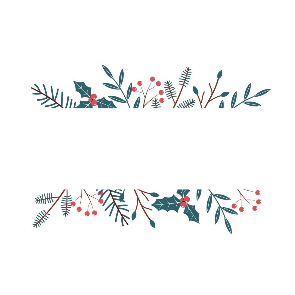 bordure horizontale avec des plantes d'hiver avec un espace pour le texte. élément vectoriel dans un style esthétique. branches de sapin, baies et feuilles sur fond blanc.