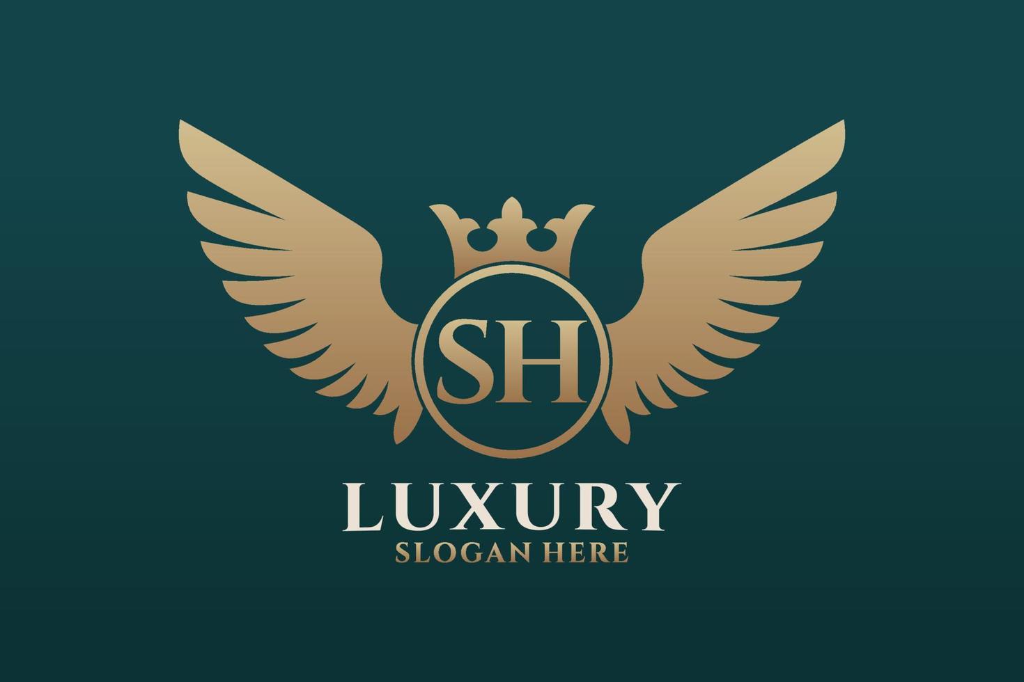 lettre d'aile royale de luxe sh crête vecteur de logo couleur or, logo de victoire, logo de crête, logo d'aile, modèle de logo vectoriel.