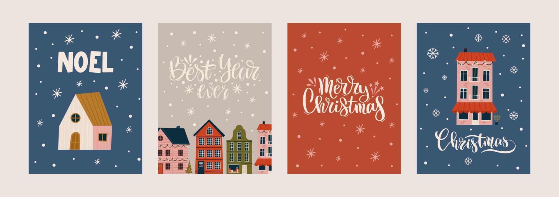 joyeux noël et bonne année jeu de cartes de voeux, affiches avec diverses petites maisons. conception de noël avec lettrage, arbre, ville, flocons de neige dans un style d'art moderne. illustration tendance dessinée à la main vecteur