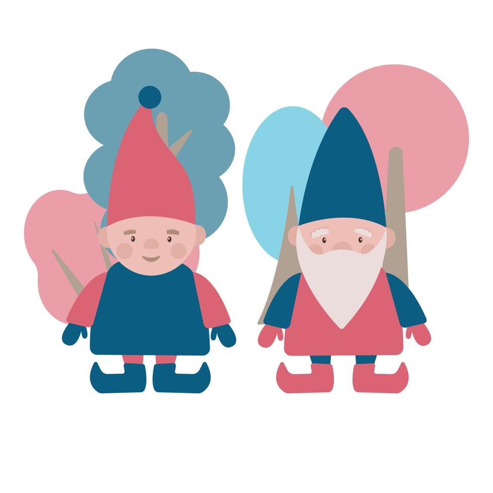 illustration de dessin animé de noël avec deux petits gnomes heureux dans une forêt magique. personnages de bébé mignon vecteur d'hiver. assistants du père noël.