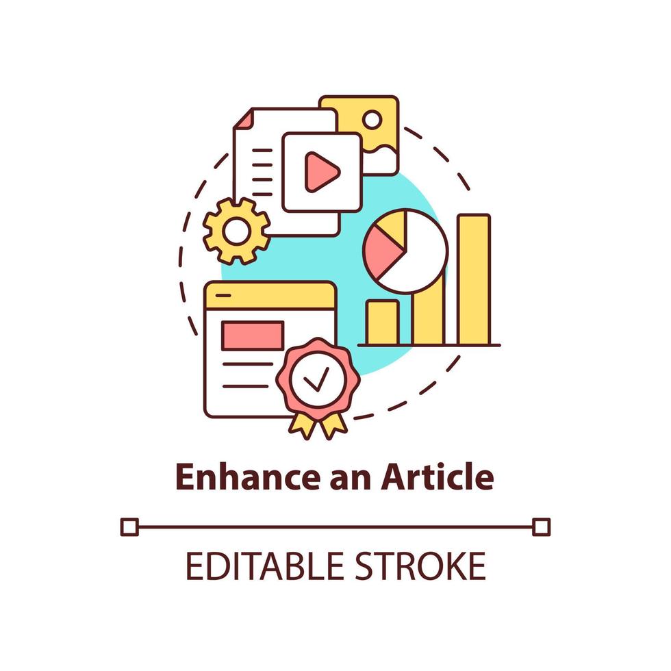 améliorer l'icône de concept d'article. l'intégration des médias utilise l'illustration de la ligne mince de l'idée abstraite de la méthode. qualité et mesures. dessin de contour isolé. trait modifiable. vecteur