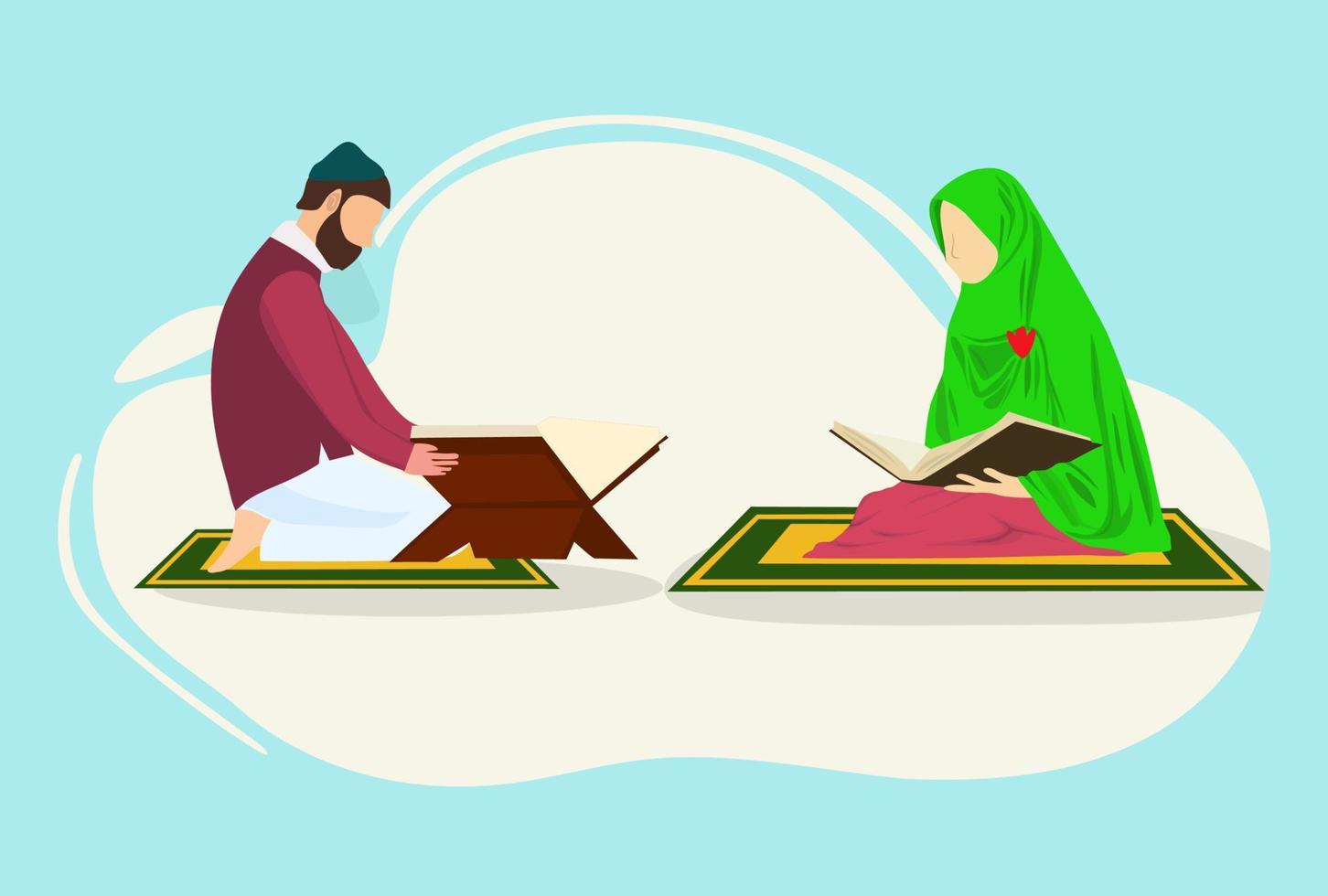 homme et femme musulmans lisant le livre magique du coran sur un tapis jaune. illustration vectorielle vecteur