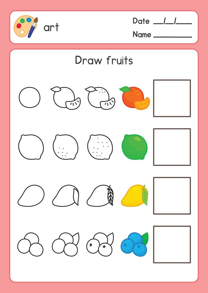 tracer la ligne suivre l'exemple fruits et coloriage dans la feuille d'exercices de sujet d'art kawaii doodle vecteur dessin animé