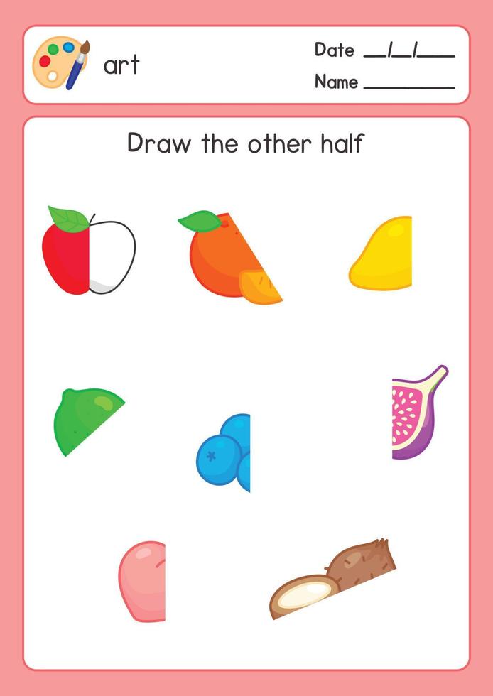 dessiner la moitié des fruits restants dans la feuille d'exercices de sujet d'art kawaii doodle vector cartoon