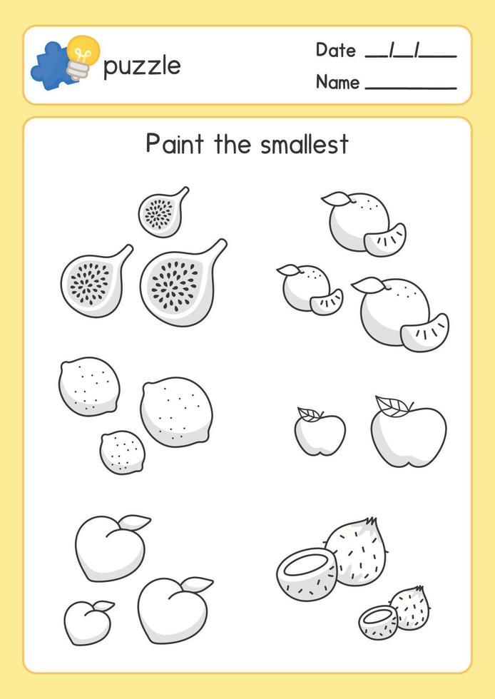 contour de fruits à colorier noir et blanc sur la plus petite taille en mathématiques sujet exercices feuille kawaii doodle vecteur dessin animé