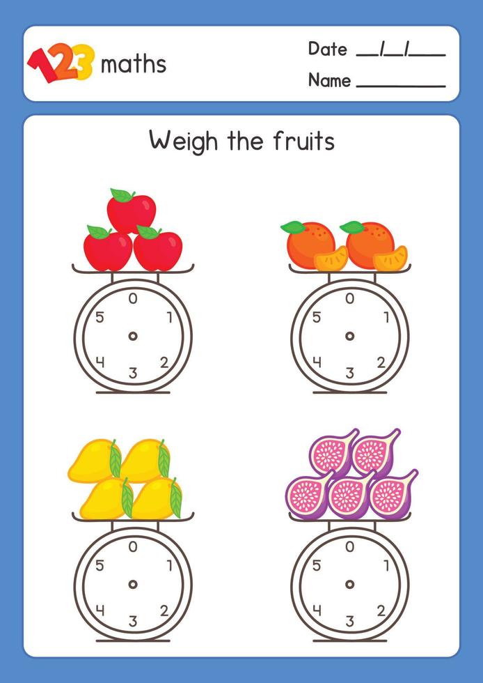 pesez le fruit et écrivez-le sur l'échelle dans la feuille d'exercices de sujet de mathématiques kawaii doodle vector cartoon