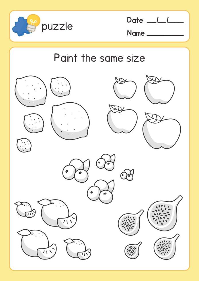contour de fruits à colorier noir et blanc à peu près de la même taille en feuille d'exercices de sujet de mathématiques kawaii doodle vector cartoon