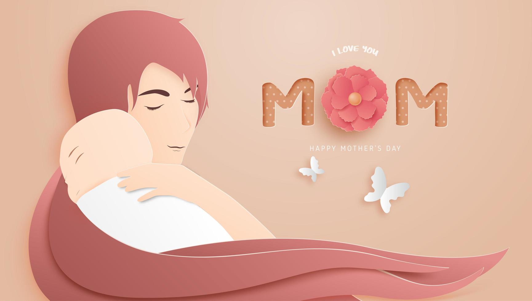art papier affiche fête des mères avec maman étreignant bébé vecteur