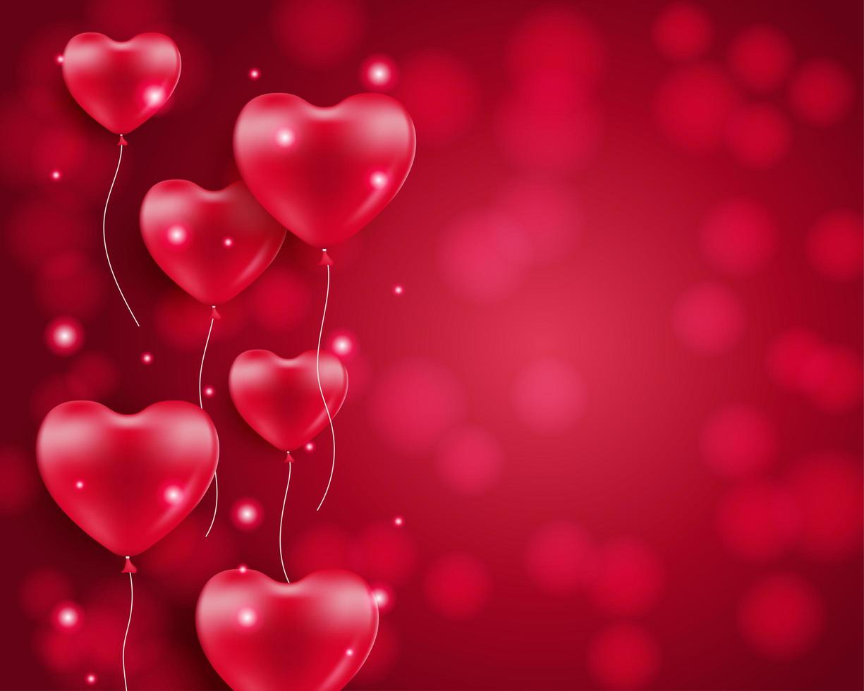 Ballons en forme de coeur sur bokeh rouge avec fond vecteur