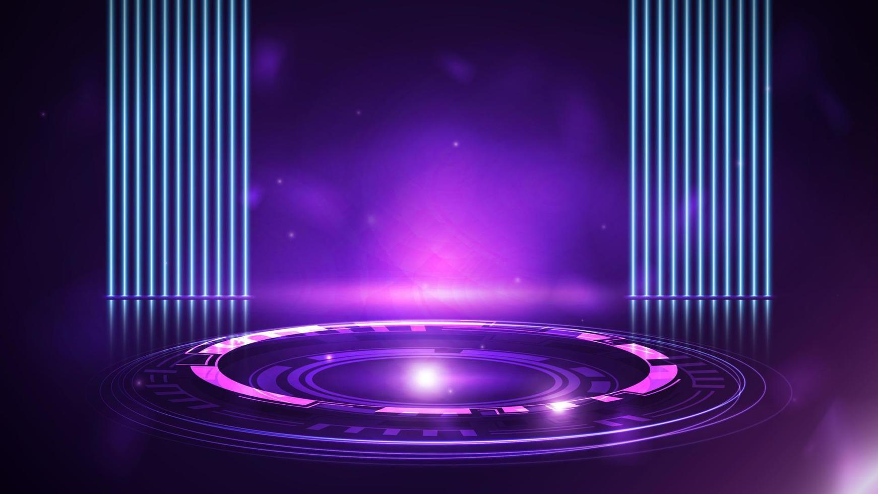 scène vide violette avec lampes au néon de ligne bleue sur fond et podium numérique rose avec hologramme d'anneaux numériques dans une pièce sombre vecteur