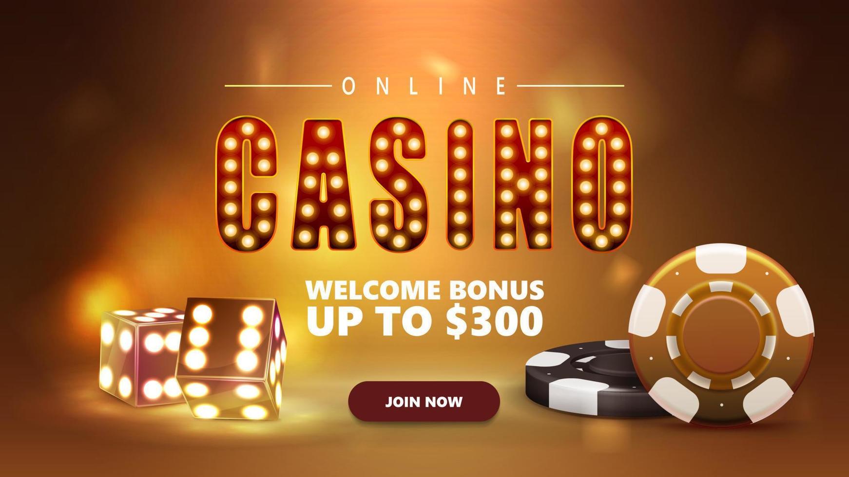 casino en ligne, bannière avec dés de casino en or 3d et jetons de poker sur scène dorée avec arrière-plan flou vecteur