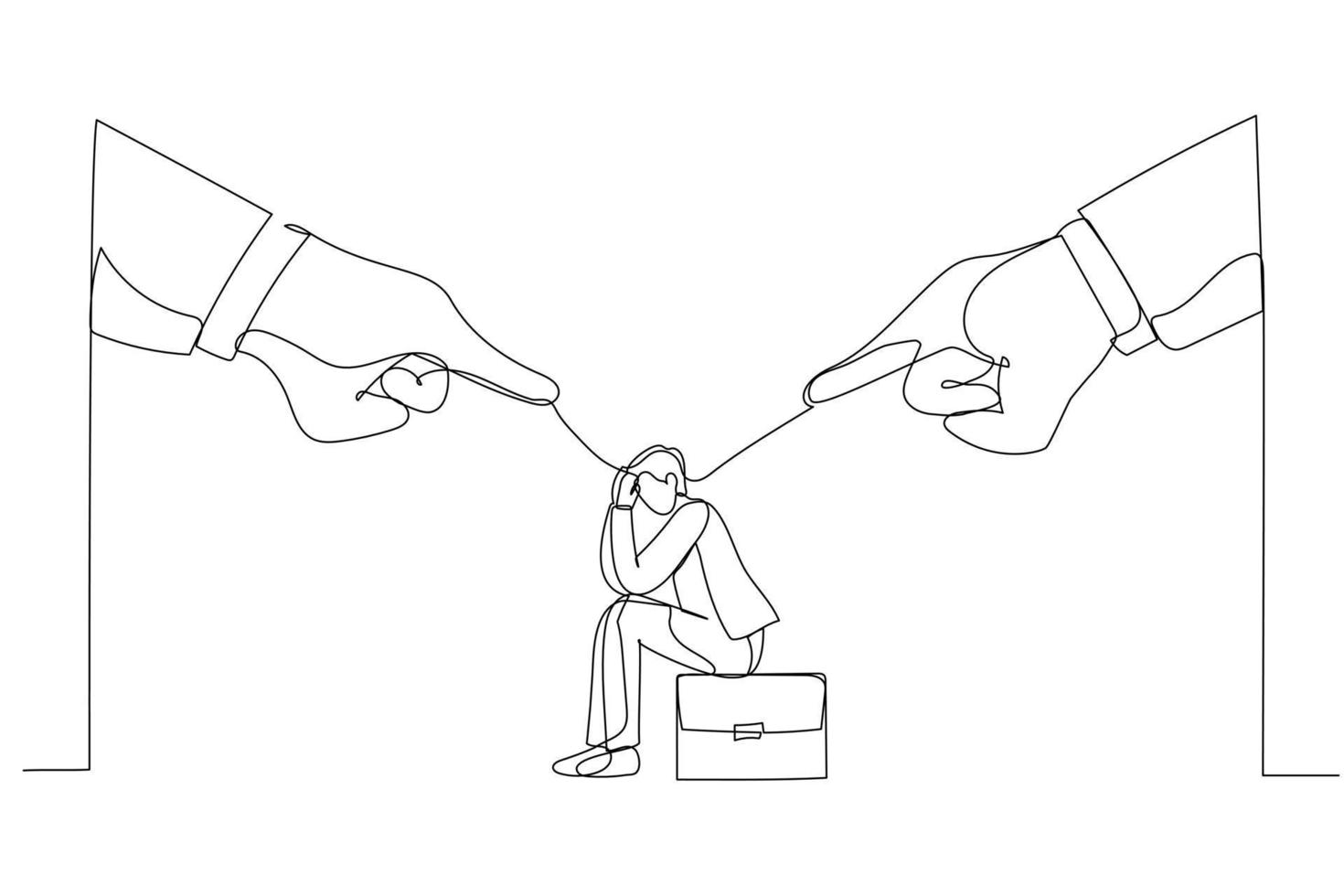 illustration de mains de patron géant pointant et blâmant un employé d'homme d'affaires déprimé. métaphore du travail toxique, de l'abus ou de l'intimidation des collègues. un style d'art en ligne continue vecteur