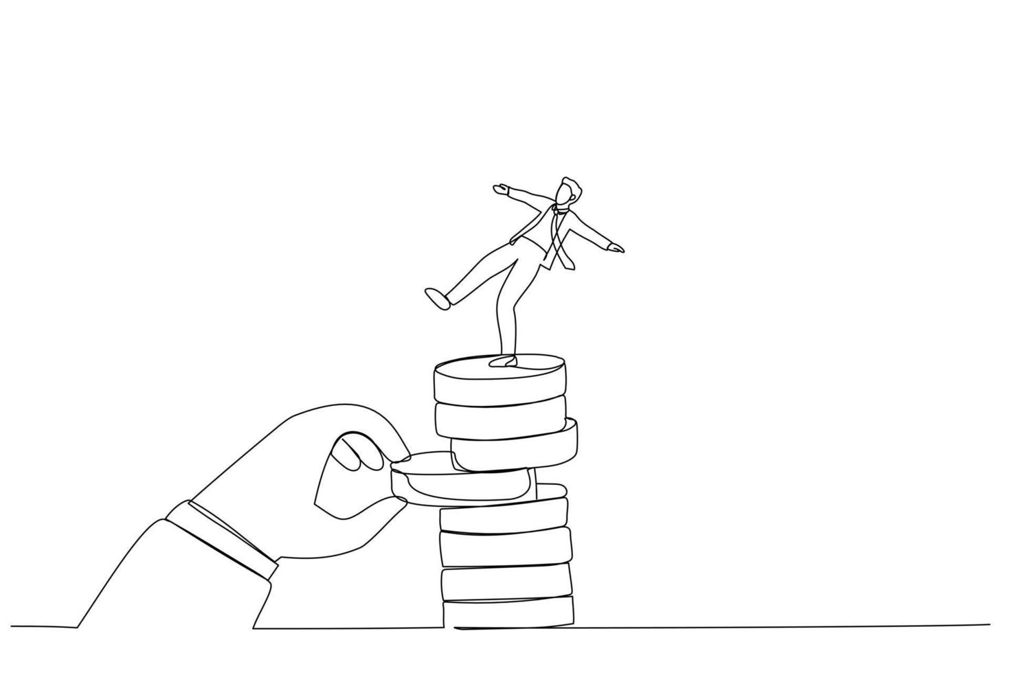 dessin d'une main géante retirer l'argent de la pile de pièces provoquant la chute de l'homme d'affaires. métaphore du risque d'investissement, de la liquidité, de la volatilité du marché. dessin au trait continu unique vecteur