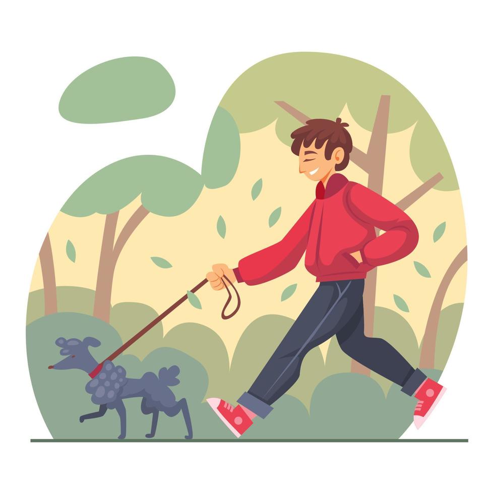 jeunes marchant avec un chien dans la forêt vecteur