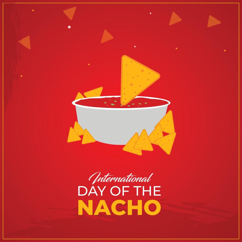 journée internationale du nacho. 21 octobre. chips de maïs nachos mexicains avec icône de sauce salsa rouge. modèle pour le fond, la bannière, la carte, l'affiche. illustration vectorielle. vecteur
