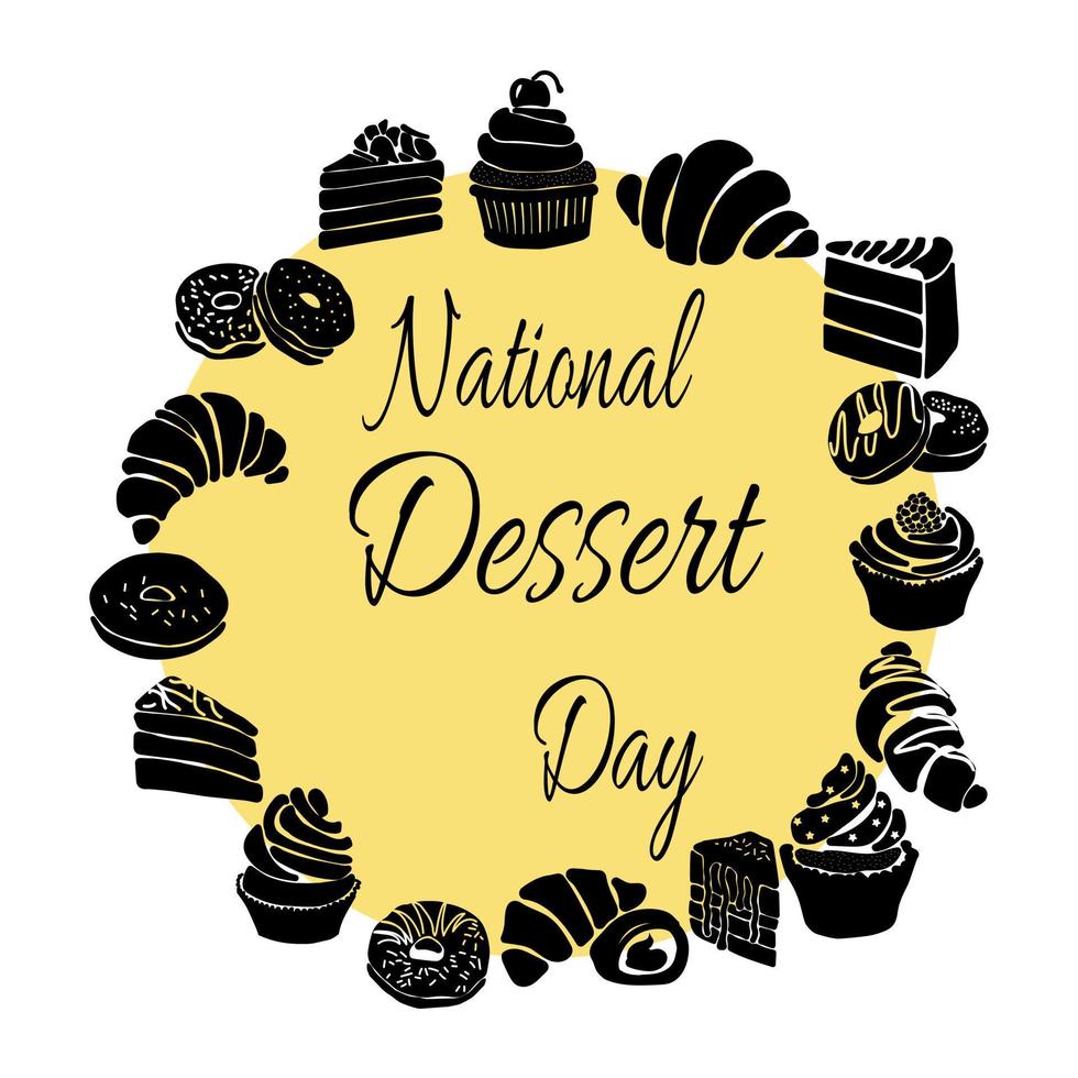 journée nationale des desserts, idée d'affiche, bannière, flyer ou carte postale, silhouettes de pâtisseries sucrées vecteur