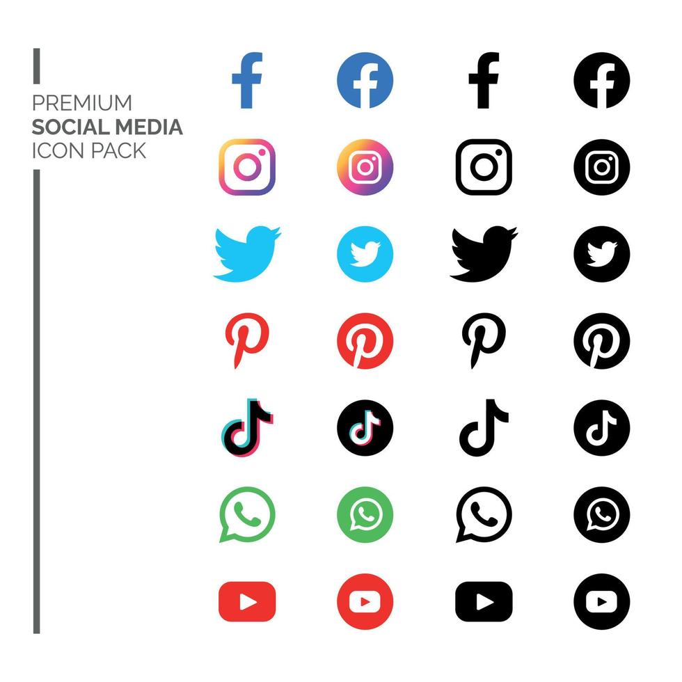 pack d'icônes de médias sociaux. collection de logos de médias sociaux. facebook, instagram, twitter, pinterest, tiktok, whatsapp, youtube. vecteur