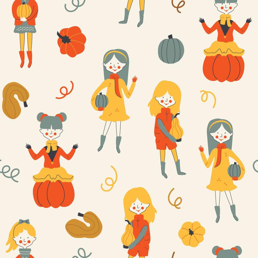 modèle sans couture avec des petites filles cueillant des citrouilles dans le jardin sur fond clair. motif reproductible mignon créatif avec des filles et des citrouilles. illustration vectorielle dessinée à la main. style de dessin animé plat. vecteur