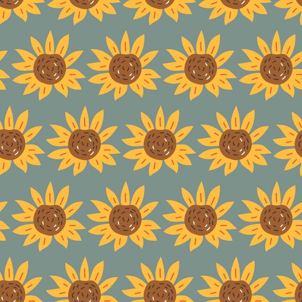 motif de fleurs de tournesol vectorielle continue sur fond bleu foncé, toile de fond dessinée à la main. motif répétable pour l'automne saisonnier, l'automne et l'action de grâces. brique répéter un style simple et sans couture. vecteur