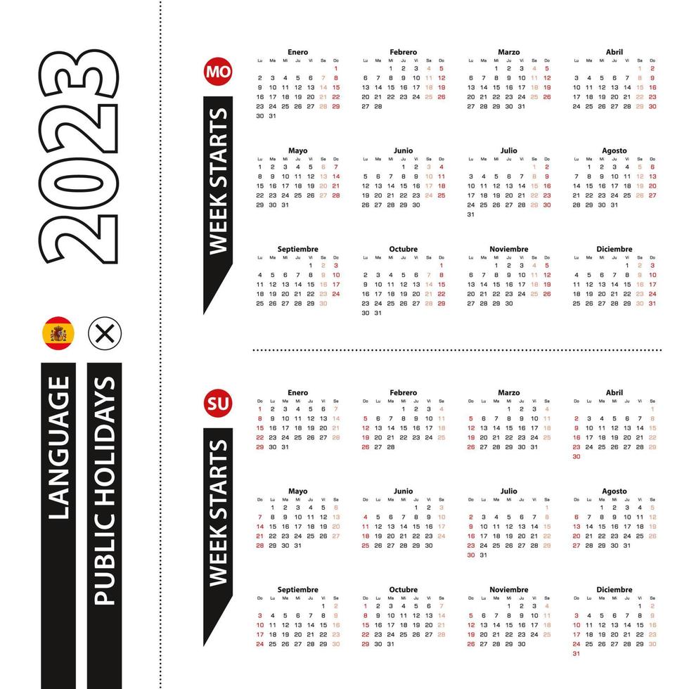 deux versions du calendrier 2023 en espagnol, la semaine commence le lundi et la semaine commence le dimanche. vecteur