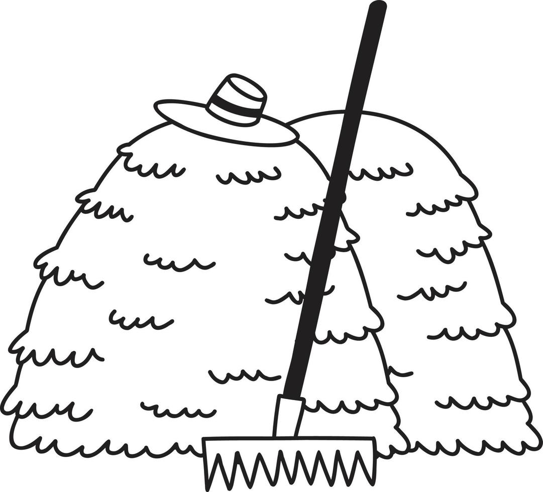 illustration de tas de paille et de râteau dessinés à la main vecteur