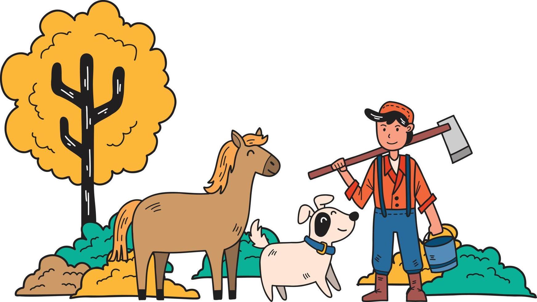 agriculteur dessiné à la main debout dans une ferme avec illustration de cheval et de chien vecteur