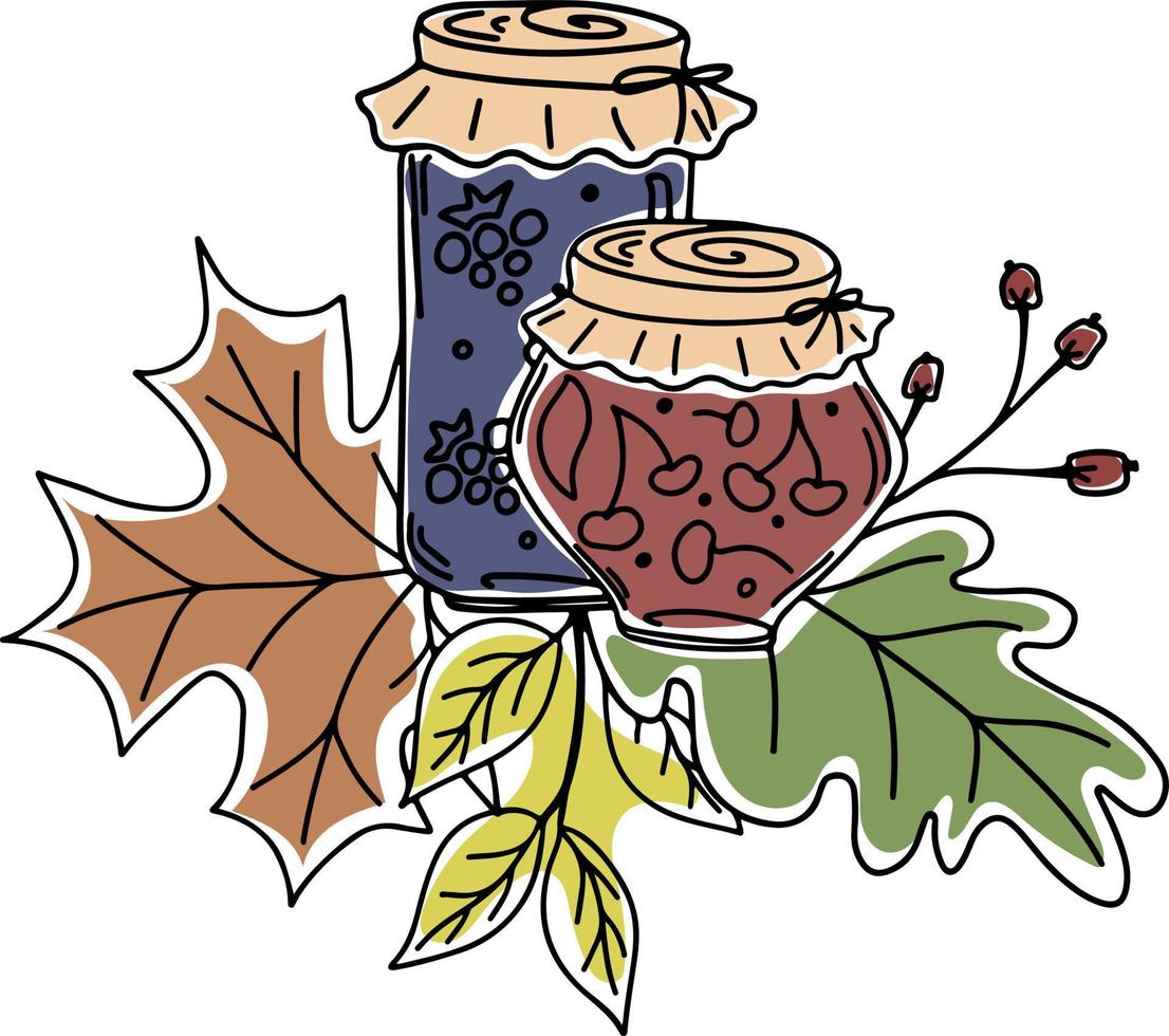 bocaux de confiture de mûres et de cerises de vecteur de style doodle avec décoration de feuilles d'automne, isolés sur fond blanc