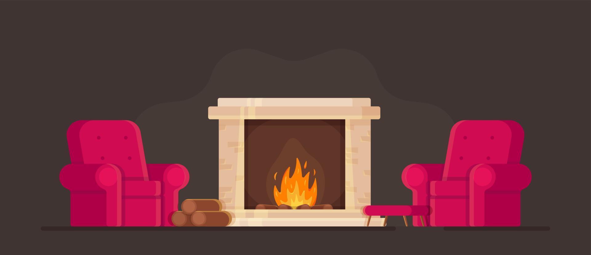 illustration vectorielle du concept d'une pièce confortable avec une cheminée et des fauteuils. se prélasser au coin du feu pendant la saison froide. vecteur
