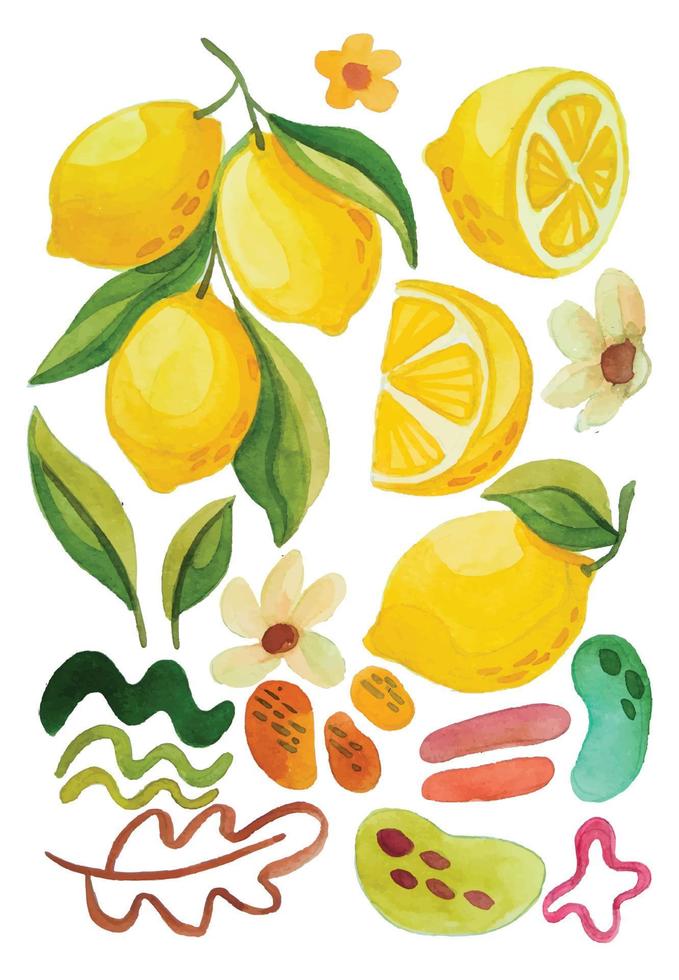 Éléments de fruits citron aquarelle vecteur