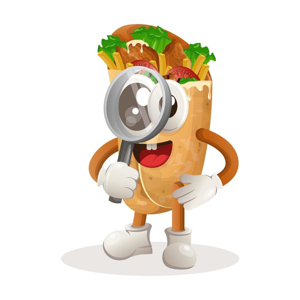 adorable mascotte de burrito effectuant des recherches, tenant une loupe vecteur