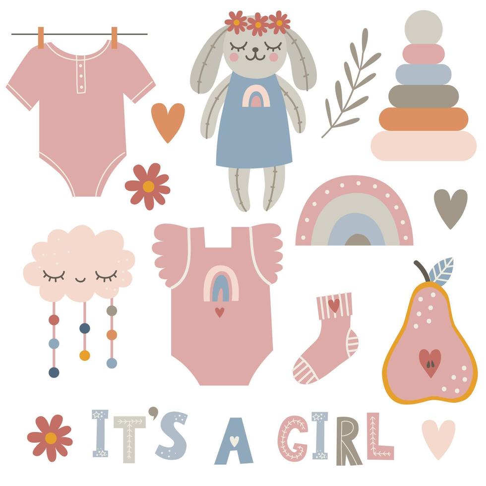 c'est une fille. boho bébé clipart pour carte d'invitation de douche de bébé, affiche. illustration vectorielle vecteur