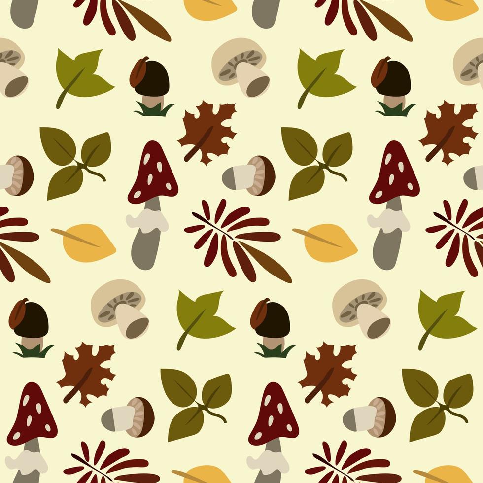 un motif de feuilles et de champignons sur fond jaune. illustrations pour enfants. drôles de champignons dans le placer. adapté à l'impression sur papier et textile. illustration de livre et de cuisine. vecteur