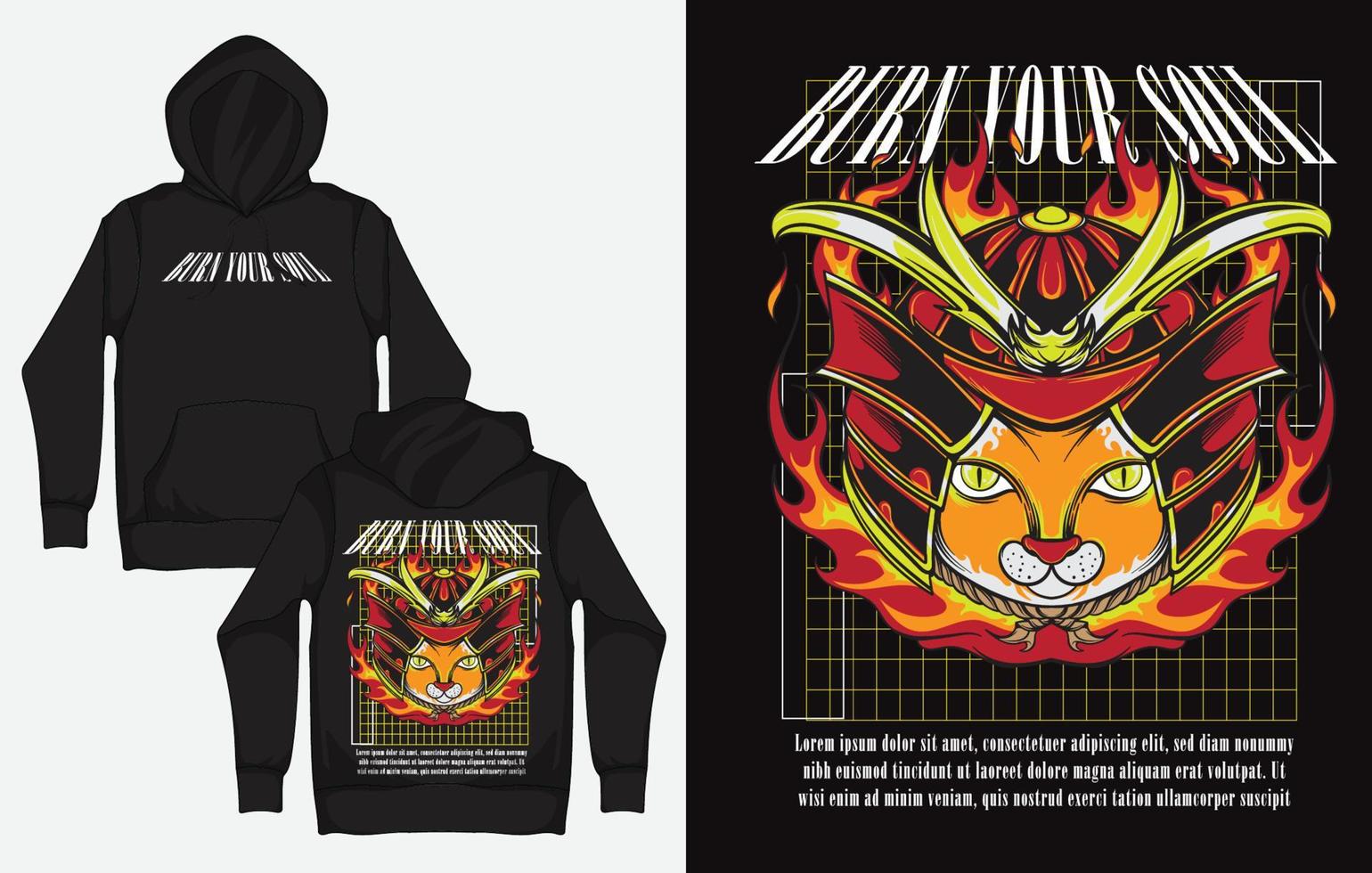 sweats à capuche avec design streetwear rétro, chat samouraï, âme buring vecteur