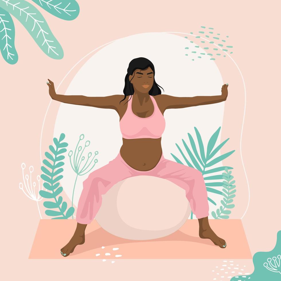 fille afro-américaine enceinte faisant des exercices de yoga sur un ballon en forme. exercices de stabilité avec ballon. entraînement et fitness, concept de grossesse. illustration vectorielle plane. vecteur