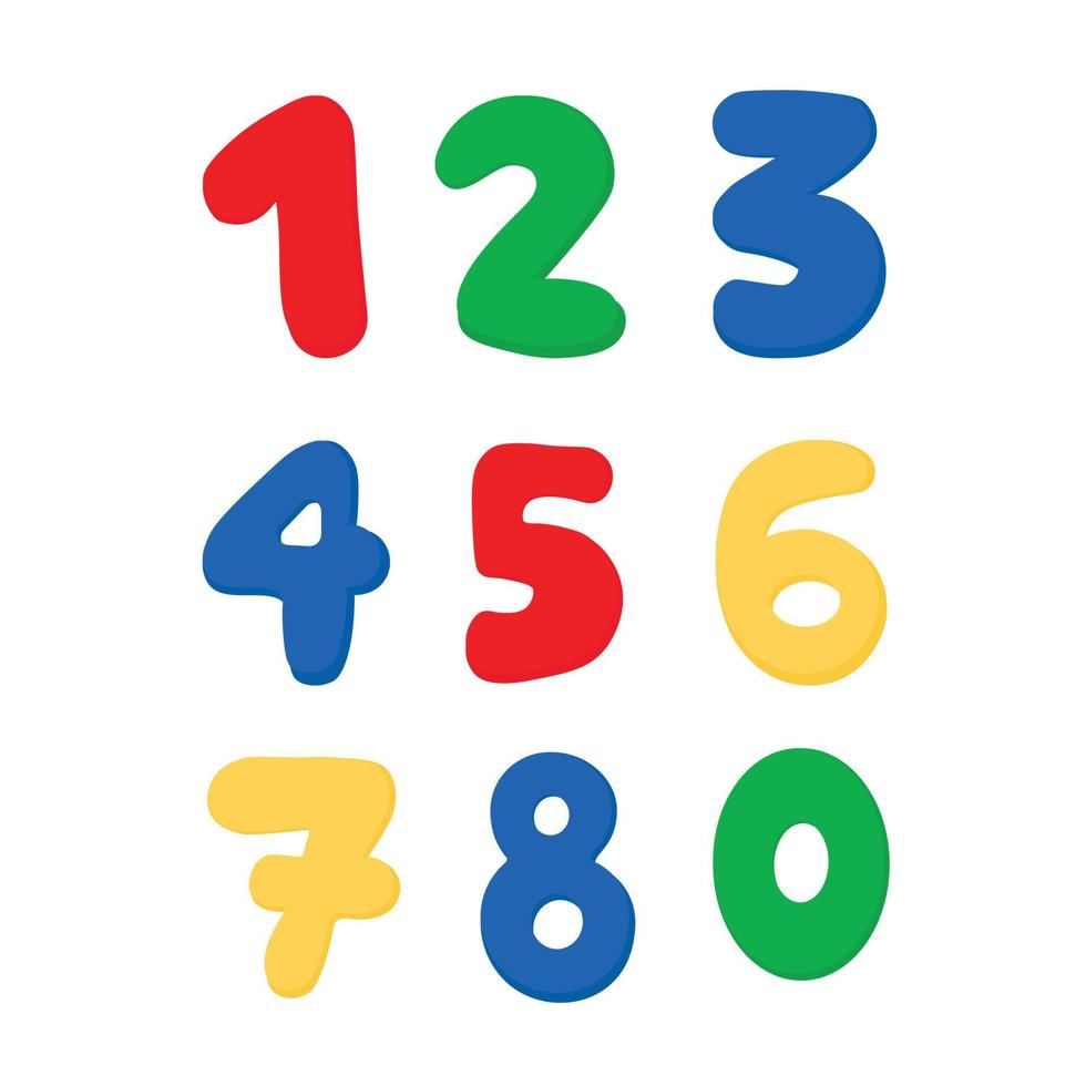 police de numéros d'enfants de 1 à 0 ensemble coloré. illustration pour impression scolaire. vecteur