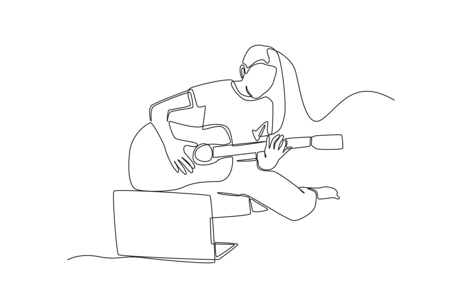 une seule ligne dessinant un jeune garçon avec un ordinateur portable apprenant à jouer de la guitare par vidéo en ligne. pratiquement concept. illustration vectorielle graphique de conception de dessin en ligne continue. vecteur