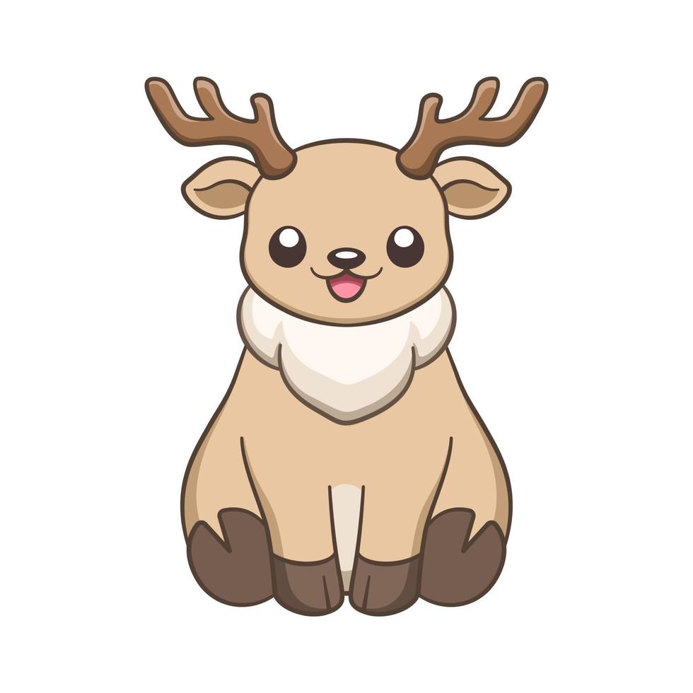 mignon, heureux, chibi, style, séance, renne, à, bois, dessin animé, animal, illustration. clipart de thème de noël de la faune d'hiver. vecteur