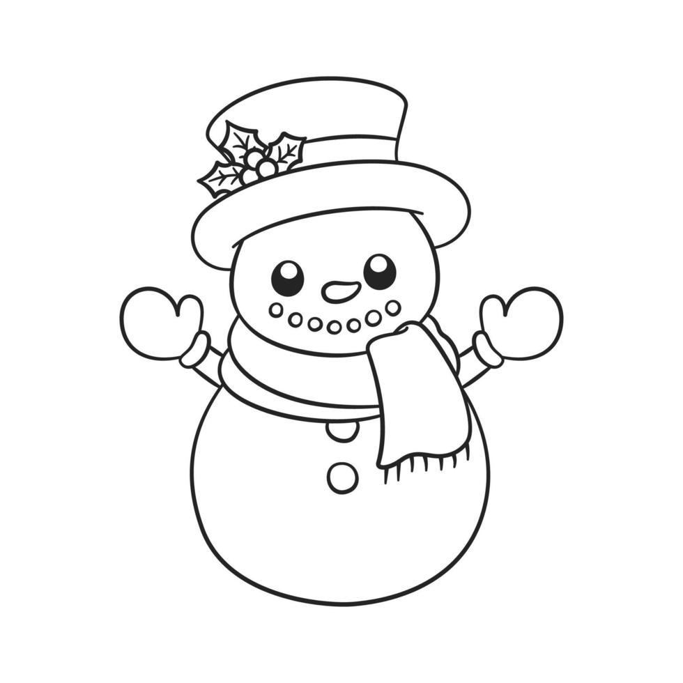 mignon bonhomme de neige portant un chapeau haut de forme avec gui et écharpe contour doodle illustration de dessin animé. Activité de page de livre de coloriage sur le thème de Noël d'hiver pour enfants et adultes. vecteur