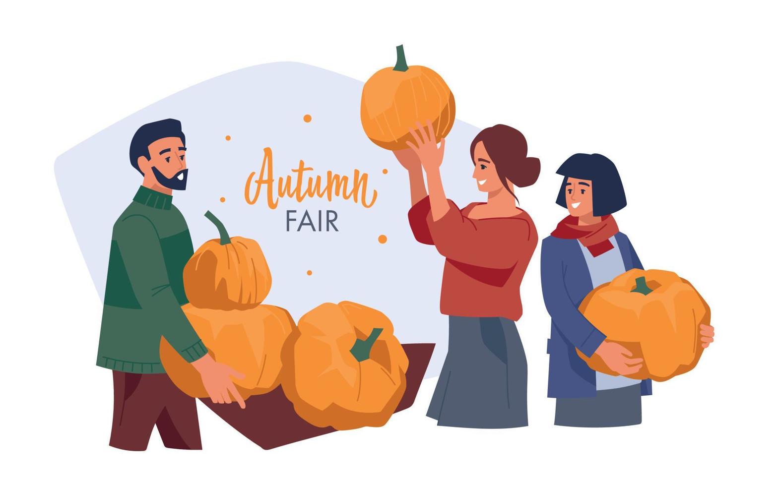 foire d'automne. homme et femme avec des citrouilles. image vectorielle. vecteur