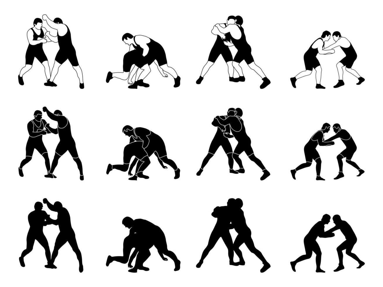 lutteur athlète en lutte, duel, combat. un pack de silhouettes gréco-romaine, freestyle, lutte classique. vecteur