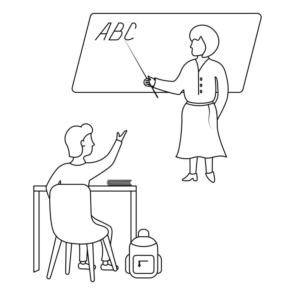 un écolier lève la main pour répondre à la question du professeur. esquisser. une femme pointe avec un pointeur les lettres abc écrites sur le tableau noir. à côté du garçon se trouvent un manuel et une mallette. vecteur