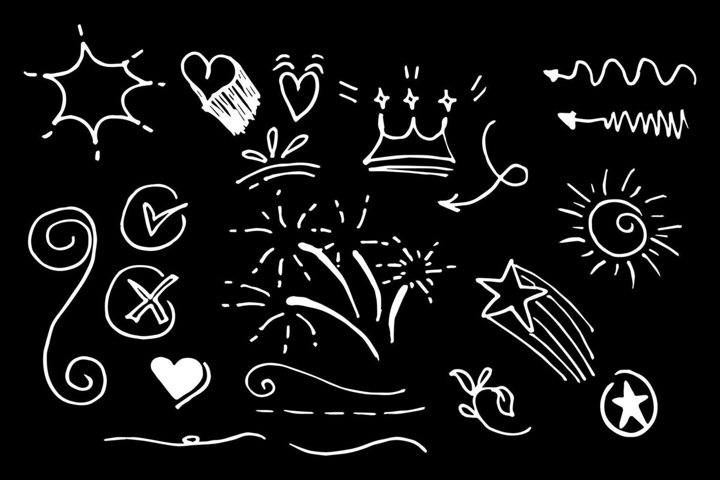 collection de doodle de vecteur d'élément de conception. swishes bouclés, swoops, tourbillon, flèche, coeur, amour, couronne, fleur, étoile, feu d'artifice, texte en surbrillance et élément d'accentuation. utiliser pour la conception