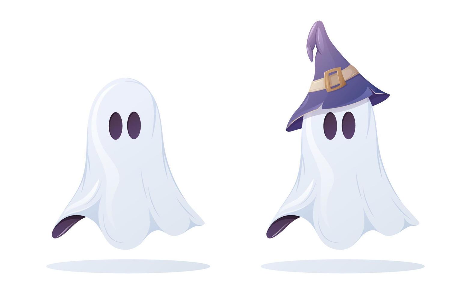 un fantôme mignon avec et sans chapeau de sorcellerie. illustration de vecteur de dessin animé pour halloween.