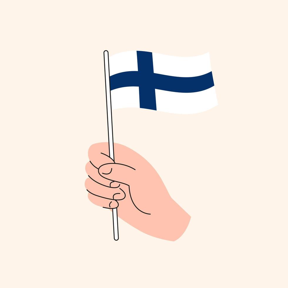 main de dessin animé tenant le drapeau finlandais. le drapeau de la finlande, illustration du concept. vecteur isolé de conception plate.