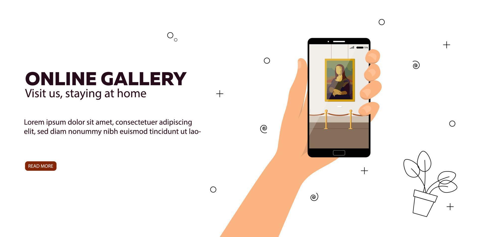 bannière de vecteur de concept de musée en ligne. une main tenant un téléphone portable avec une application pour visiter un musée en ligne isolé sur fond blanc. exposition muséale interactive